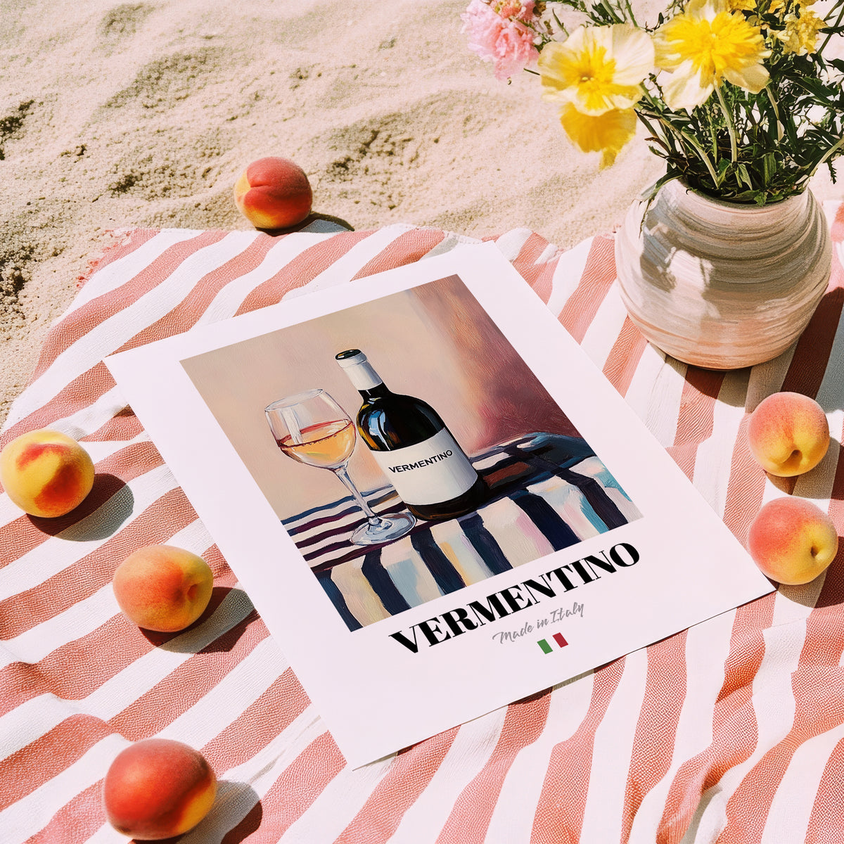 Vermentino – Italian White Wine, Vinoteca Poster, unframed on coastal sand