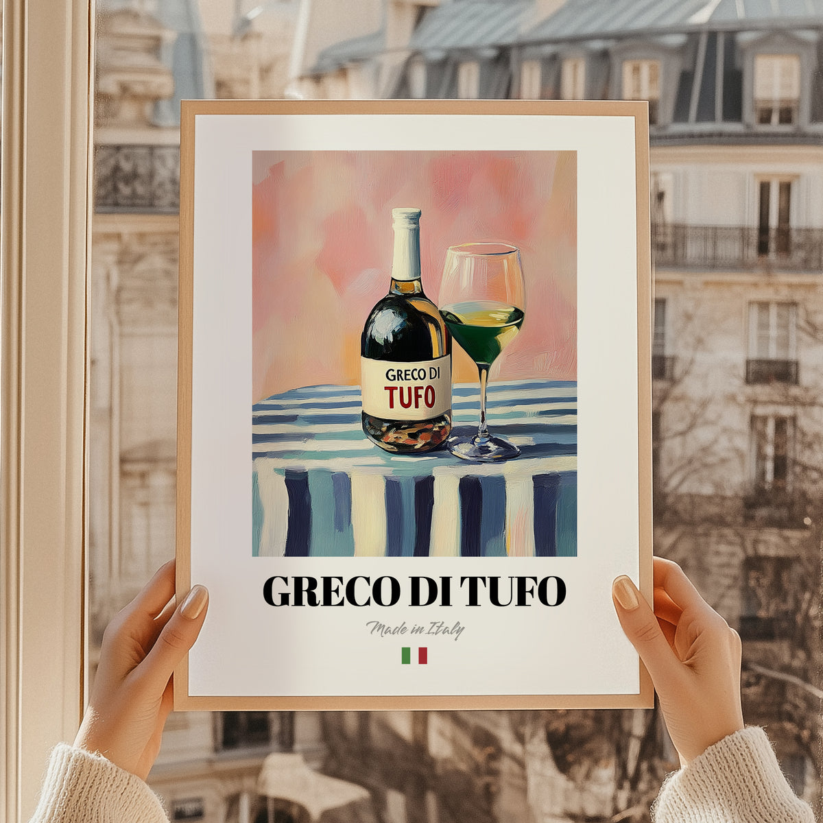 Greco di Tufo – Italian White Wine, Vinoteca Illustration, styled in a charming Paris street view