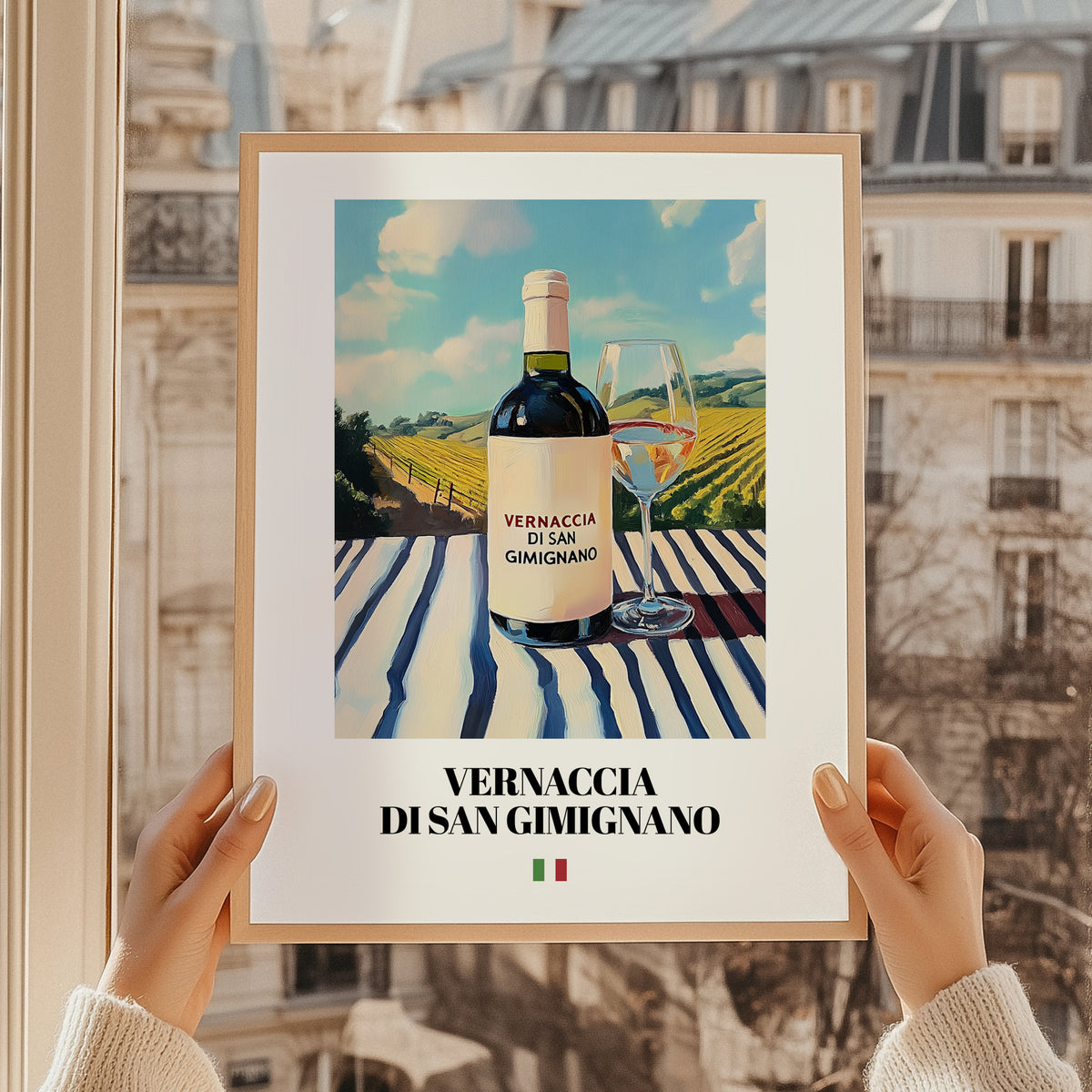 Vernaccia di San Gimignano – Italian White Wine, Wine Bar Poster, styled in a charming Paris street view