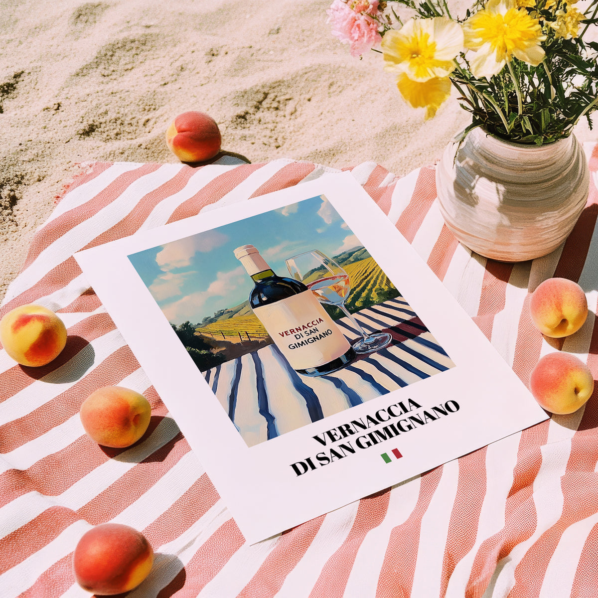 Vernaccia di San Gimignano – Italian White Wine, Wine Bar Poster, unframed on coastal sand