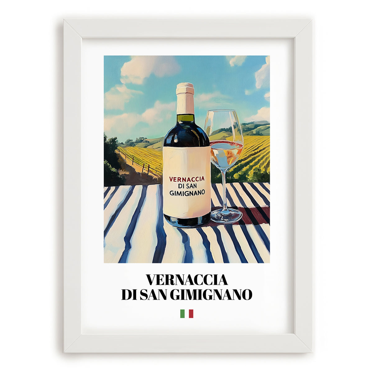 Vernaccia di San Gimignano – Italian White Wine, Wine Bar Poster, placed in minimal white frame