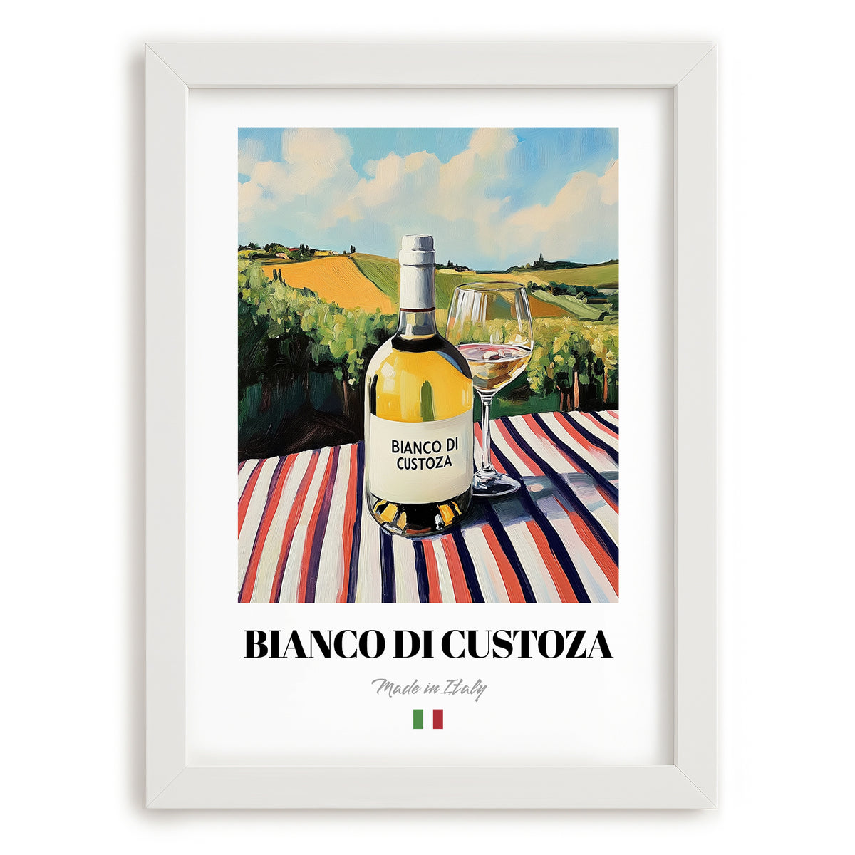 Bianco di Custoza – Italian White Wine, Vinoteca Wall Art, placed in minimal white frame