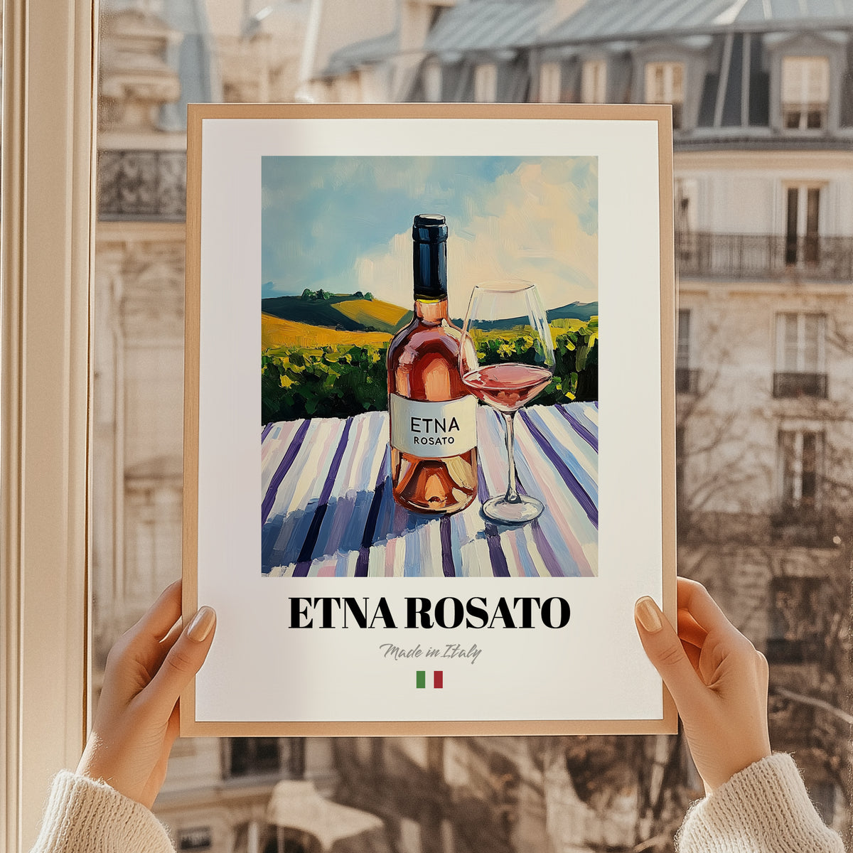 Etna Rosato – Italian Rose Wine, Wine Bar Print, styled in a charming Paris street view