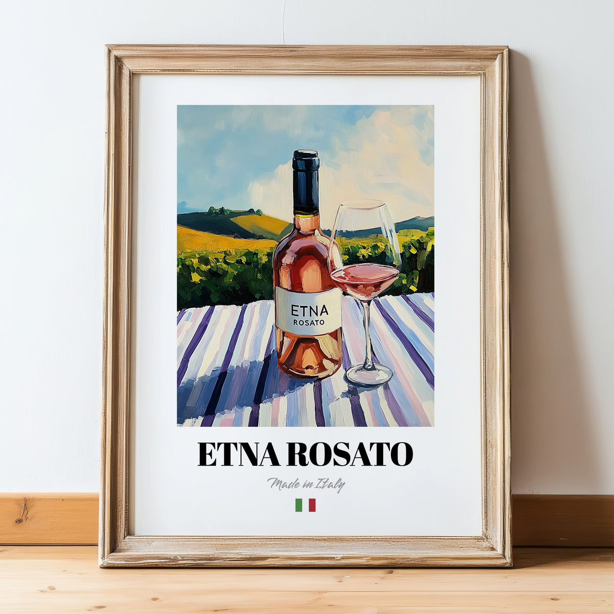 Etna Rosato – Italian Rose Wine, Wine Bar Print, in wooden frame leaning on the floor