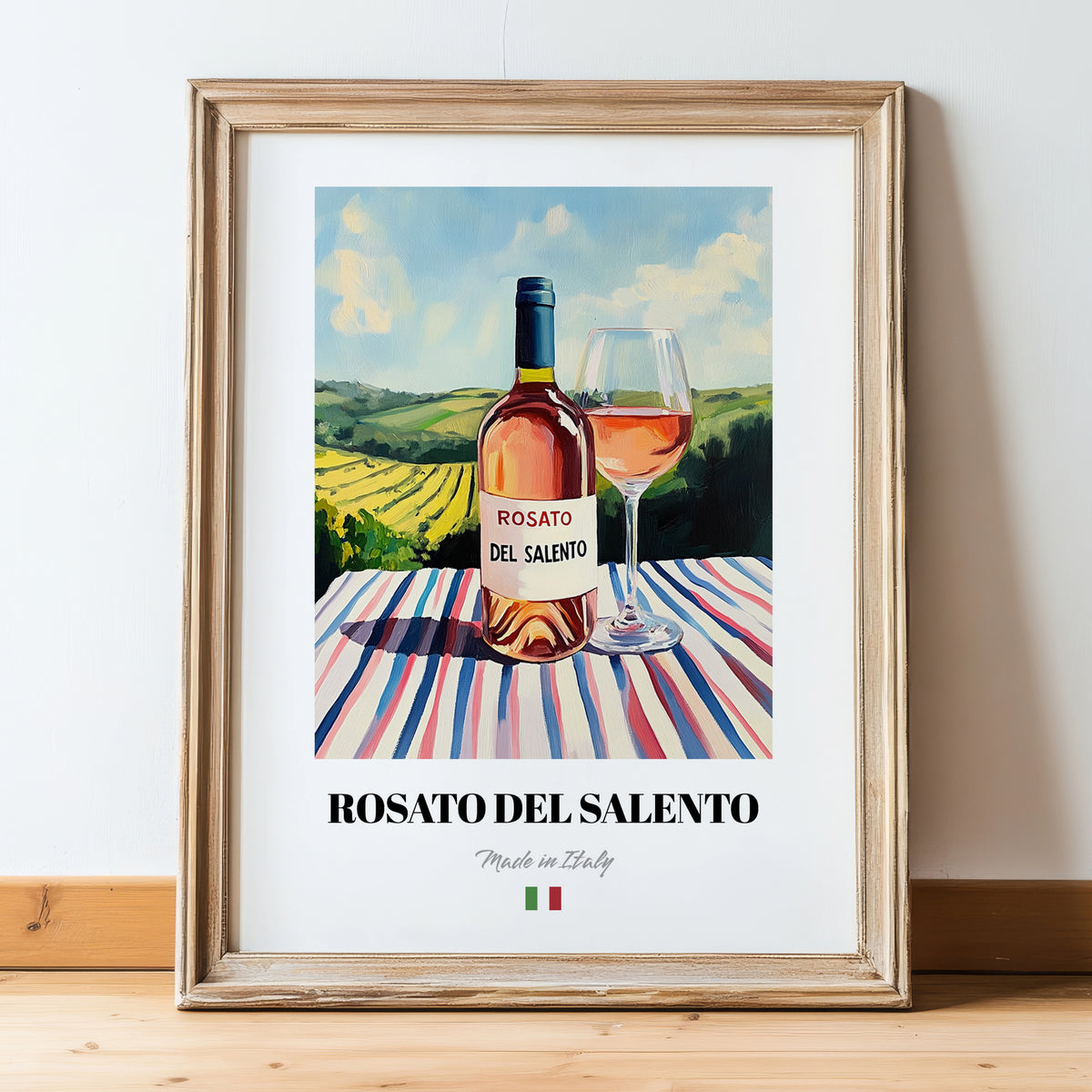 Rosato del Salento – Italian Rose Wine, Wine Bar Poster, in wooden frame leaning on the floor