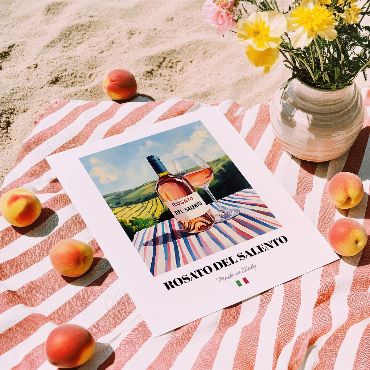 Rosato del Salento – Italian Rose Wine, Wine Bar Poster, unframed on coastal sand