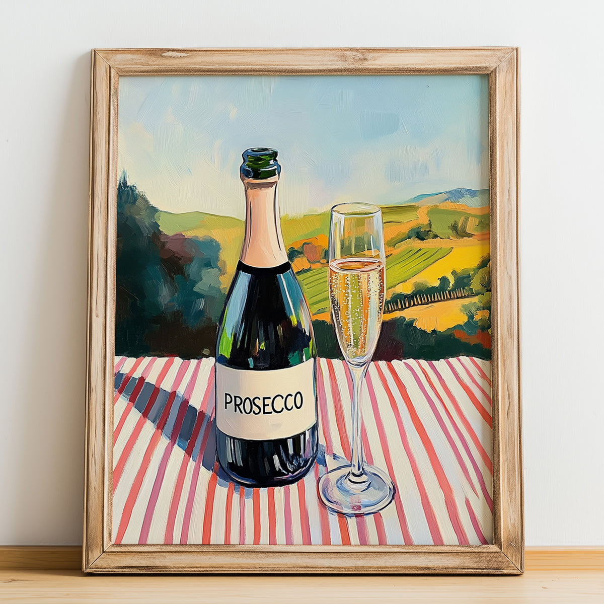 Prosecco – Italian Sparkling Wine, Vineyard Terrace Wall Decor, no-text version framed in wood