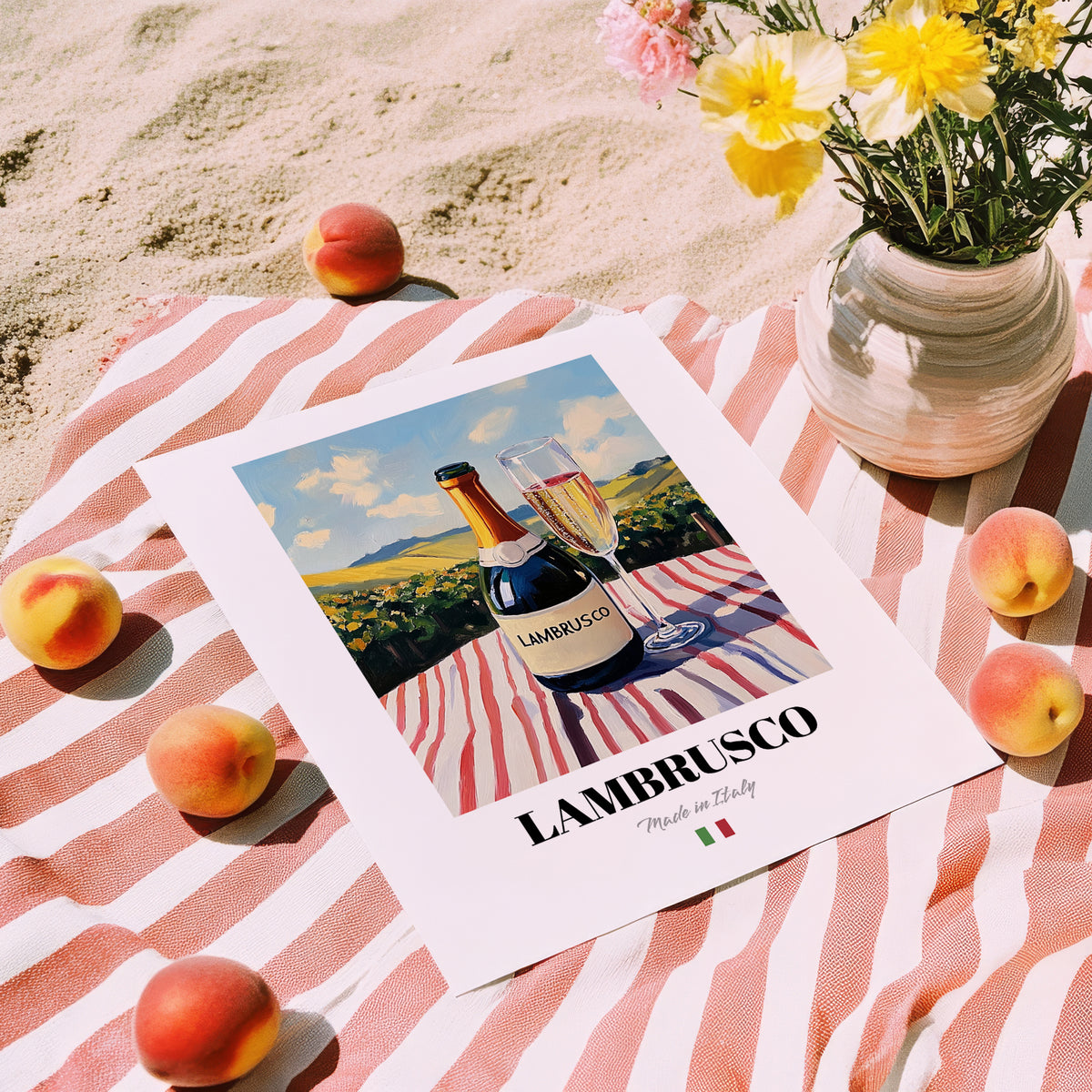 Lambrusco – Italian Sparkling Wine, Wine Bar Wall Art, unframed on coastal sand